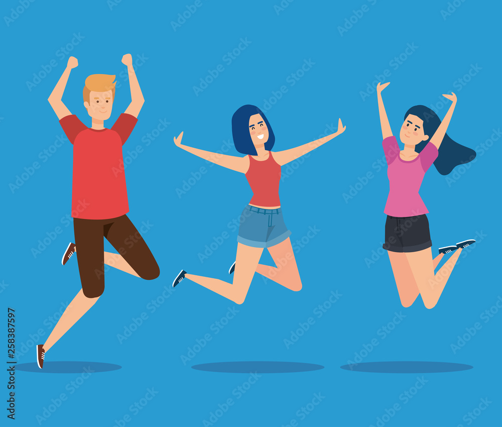 boy and girls jumping with casual clothes boy and girls jumping with casual clothes