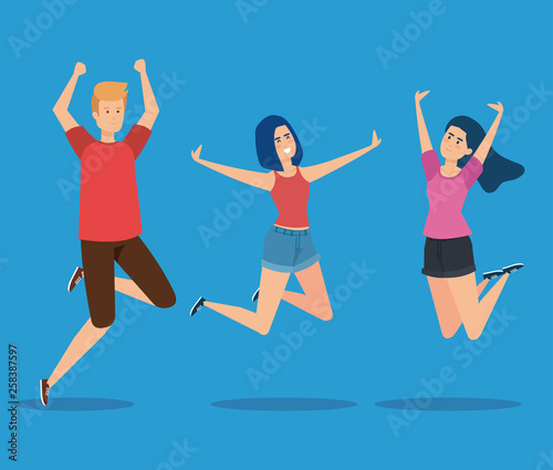 boy and girls jumping with casual clothes