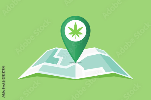 Location marker on the city map with cannabis/marijuana symbol vector illustration