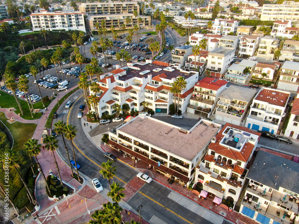 Aerial view of San Clemente city and coastline cliff before sunset time. San Clemente city in Orange County, California, USA. Travel destination in the South West coast. Wealthy villas area.