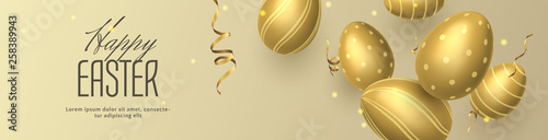 Vector luxury horizontal banner for Easter celebration with golden 3D eggs and gold realistic ribbons. Festive elegant template for greeting newsletters and holiday flyers.