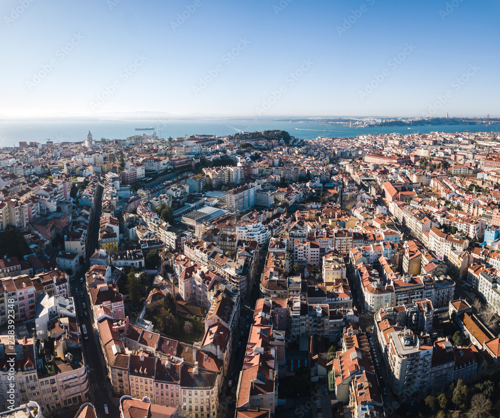 aerial view of downtown Lisbon at sunrise in a sunny day