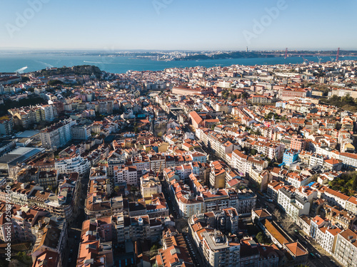aerial view of downtown Lisbon at sunrise in a sunny day
