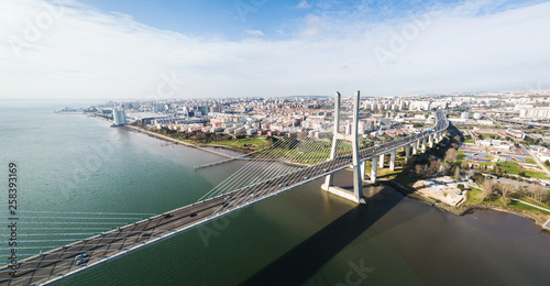 Lisbon, Portugal. March 1st, 2019. Aerial view of the Vasco da Gama Bridge and Parque das Nacoes.