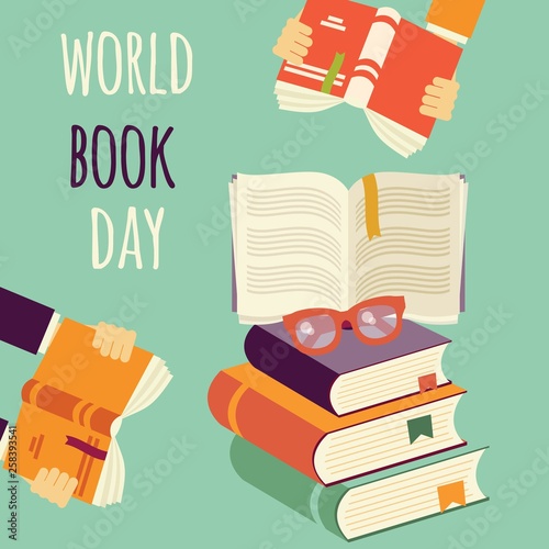 World book day, stack of books with hands and glasses