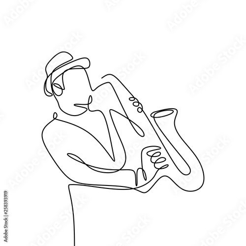 continuous line drawing of jazz musicians playing trumpet music instruments.