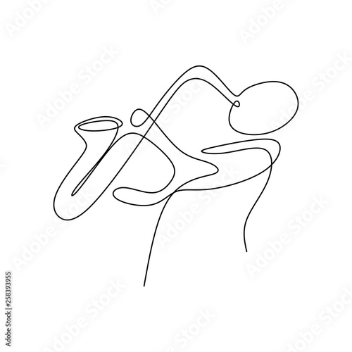 continuous line drawing of jazz musicians playing trumpet music instruments.