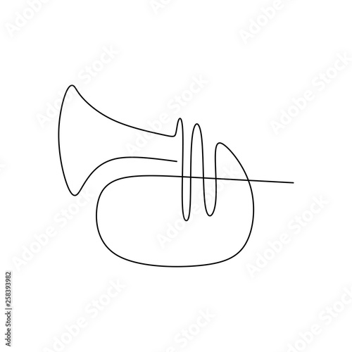continuous line drawing of jazz musicians playing trumpet music instruments.