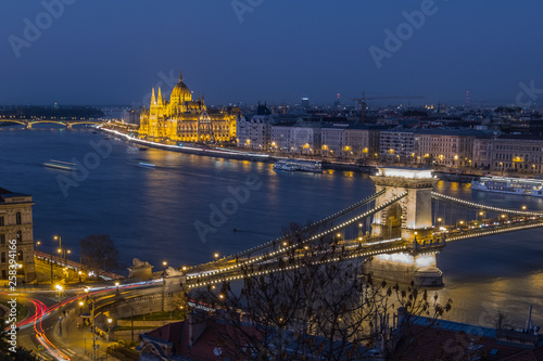 Bubapest, Hungary at night. View of the Chain bridge and the Danube river