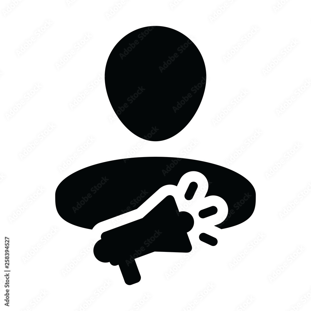 Public Speaking icon vector male person profile avatar symbol with megaphone for communication in glyph pictogram illustration