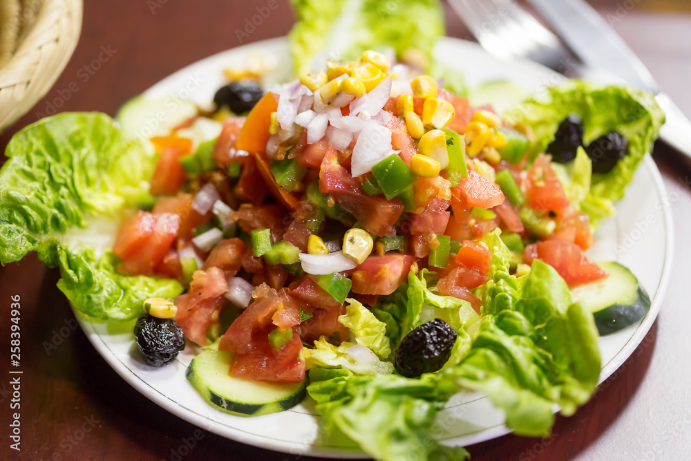 Traditional moroccan salad with cucumbers, tomatoes, peppers, olives & lettuce Traditional moroccan salad with cucumbers, tomatoes, peppers, olives & lettuce