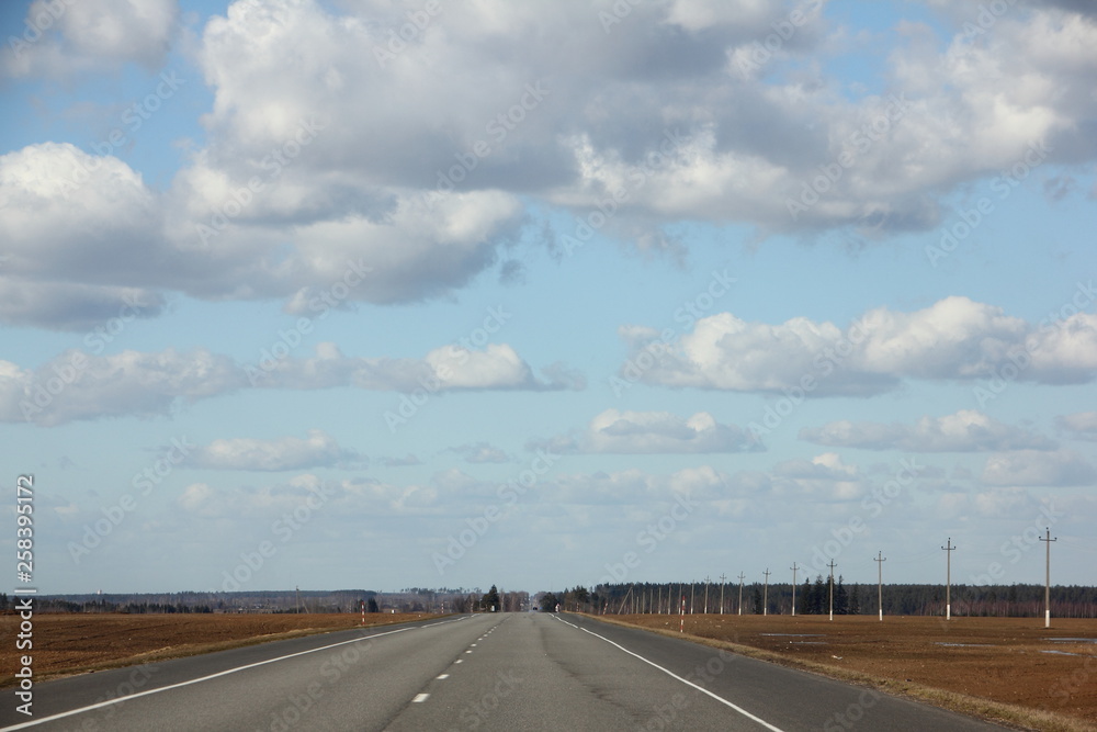 Fototapeta premium Empty asphalt country road on spring fields against a blue sky with clouds - tourism, travel