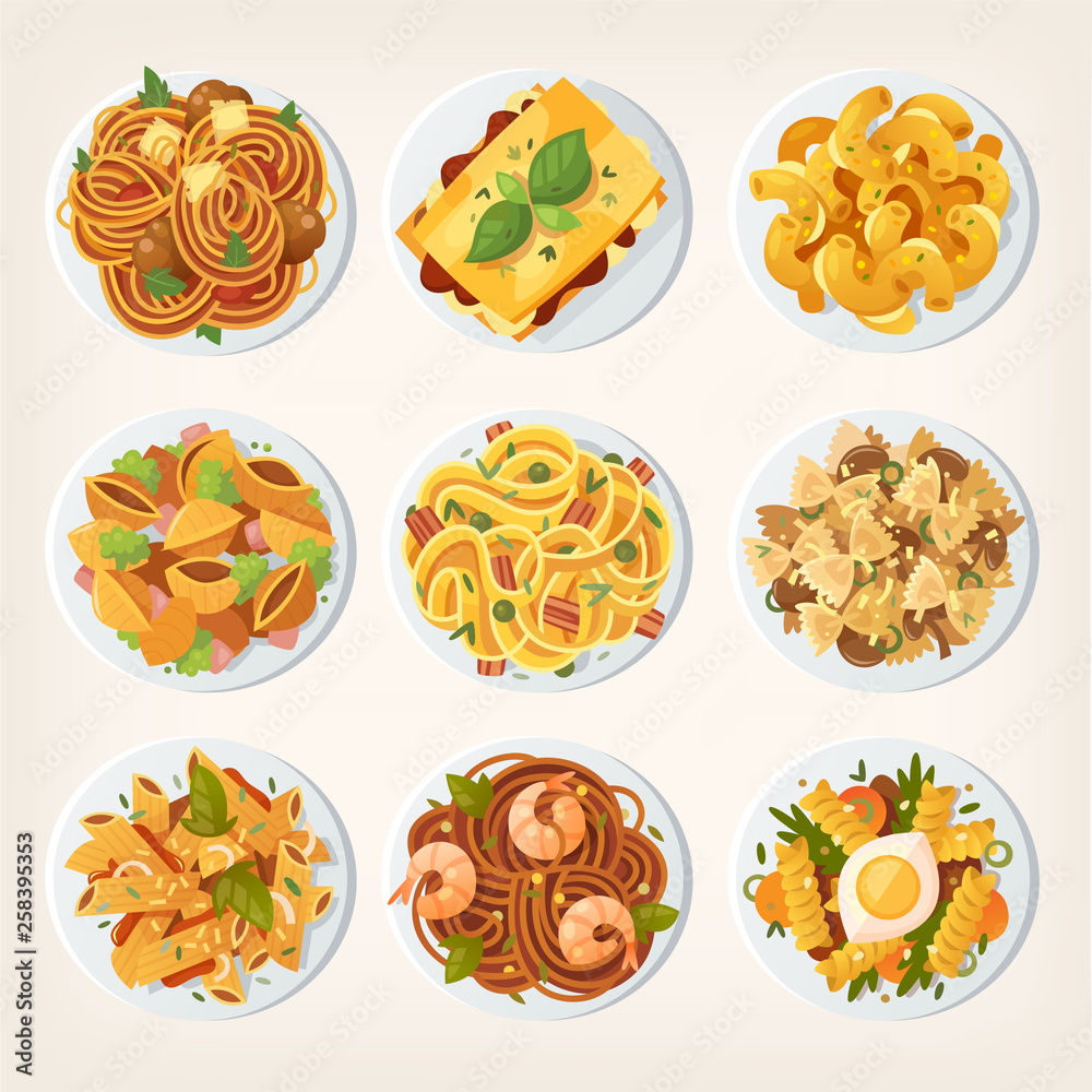 Set of many different kinds of pasta dishes from top. Vector illustrations view from above. Set of many different kinds of pasta dishes from top. Vector illustrations view from above.