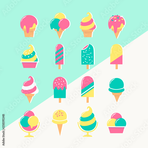 Ice cream set of icons in pastel colors on two colored background. Vector images