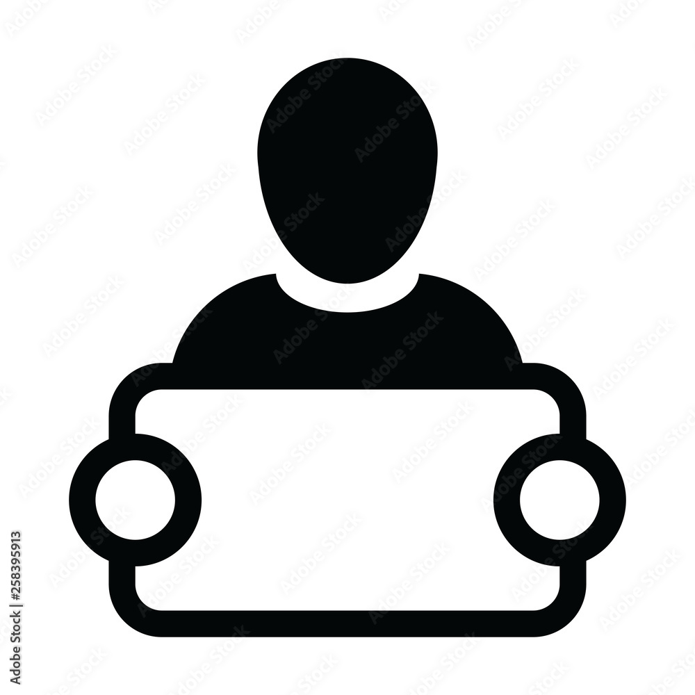 Communication icon vector male person profile avatar symbol with signboard for advertising campaign in glyph pictogram illustration Communication icon vector male person profile avatar symbol with signboard for advertising campaign in glyph pictogram illustration
