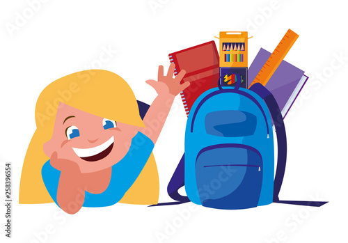 happy little schoolgirl with schoolbag and supplies