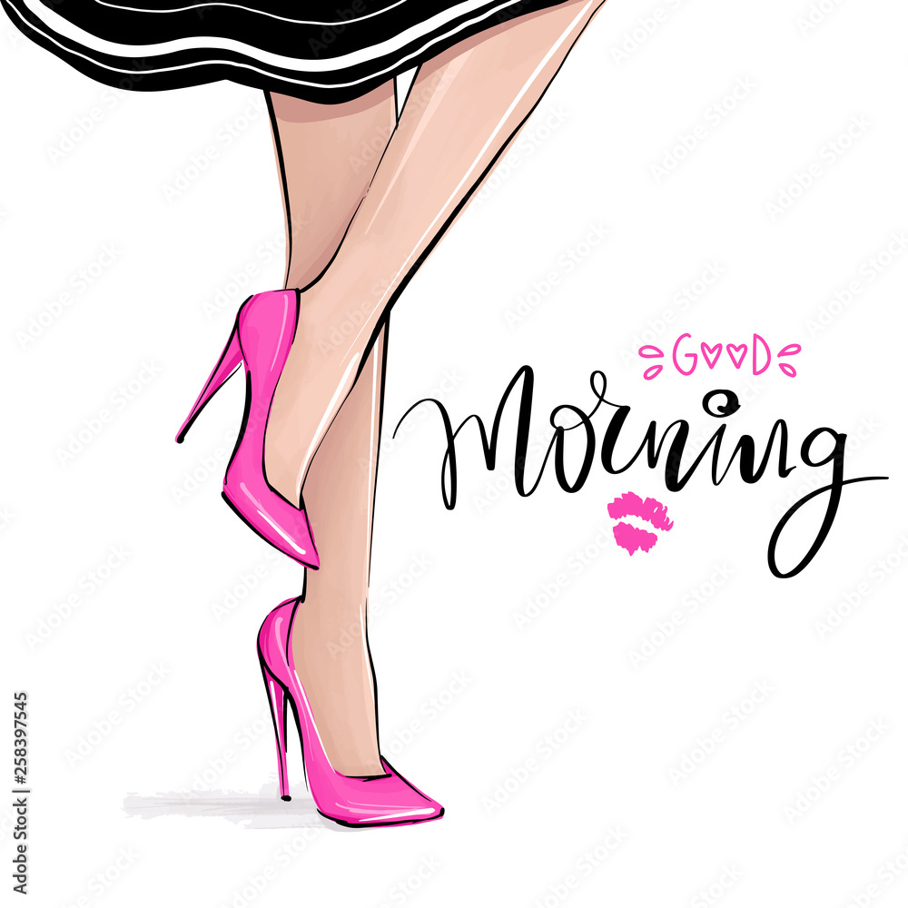Vector girl in high heels. Fashion illustration. Female legs in