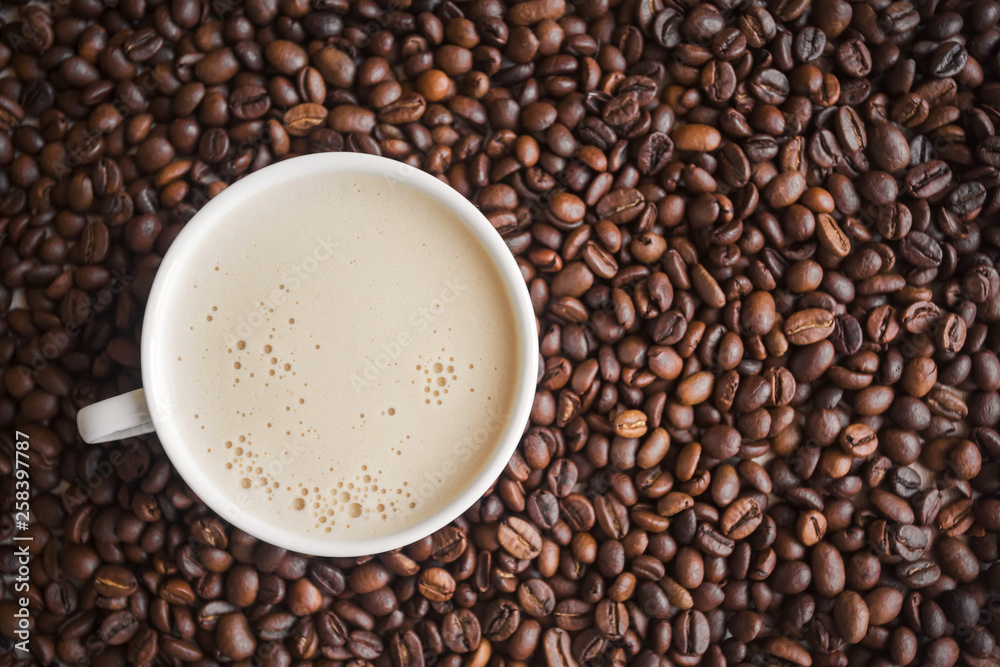 white cup with fragrant cappuccino with froth stands in coffee beans with free space on the right white cup with fragrant cappuccino with froth stands in coffee beans with free space on the right