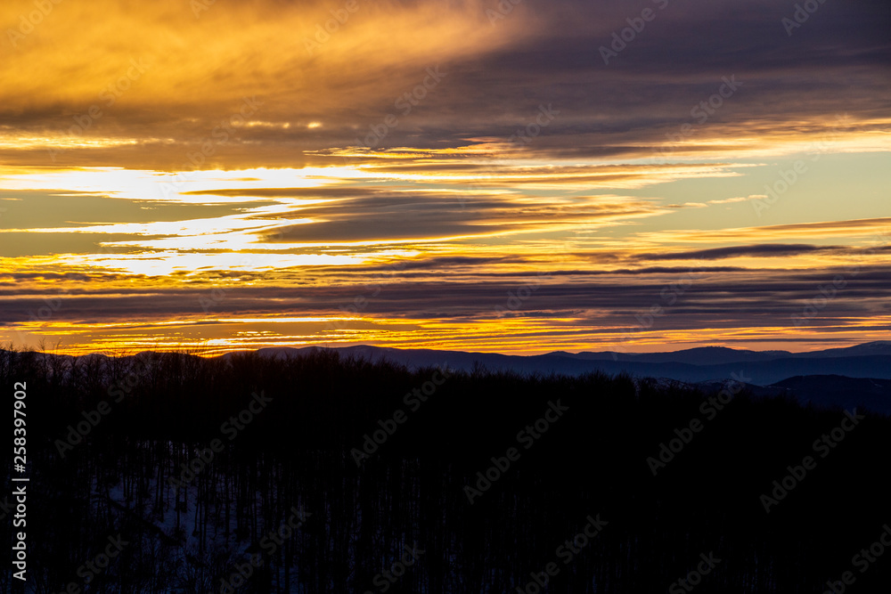 Golden sunset over Bulgarian mountain