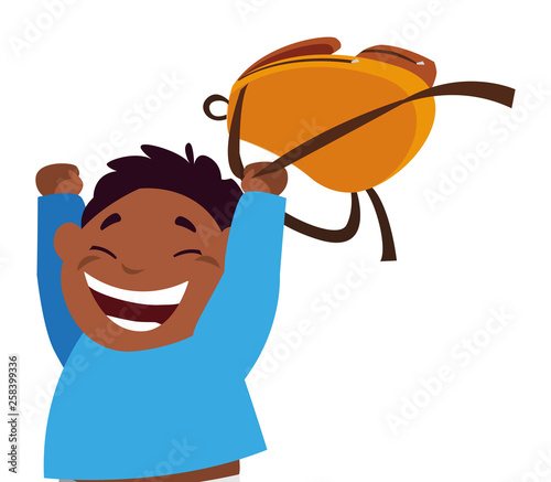 happy little black schoolboy with schoolbag character