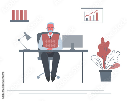 Web banner of an elderly office worker in the workplace. Old man is sitting at the desk in the office room. There is a computer, a lamp, a diagram, folders and flower in the image . Funky flat style