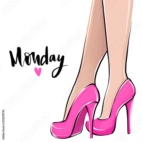 Vector girl in high heels. Fashion illustration. Female legs in shoes.