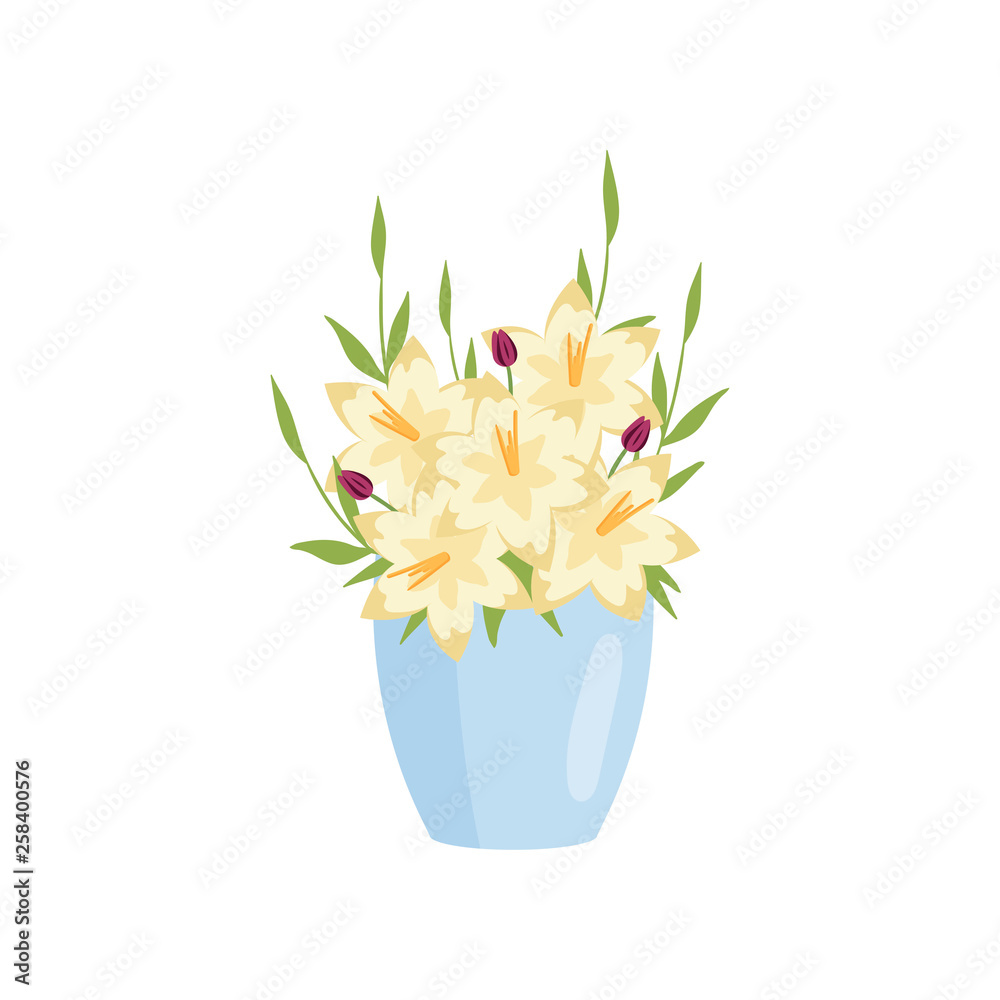 Beautiful yellow lilies flowers in blue wide vase on empty background