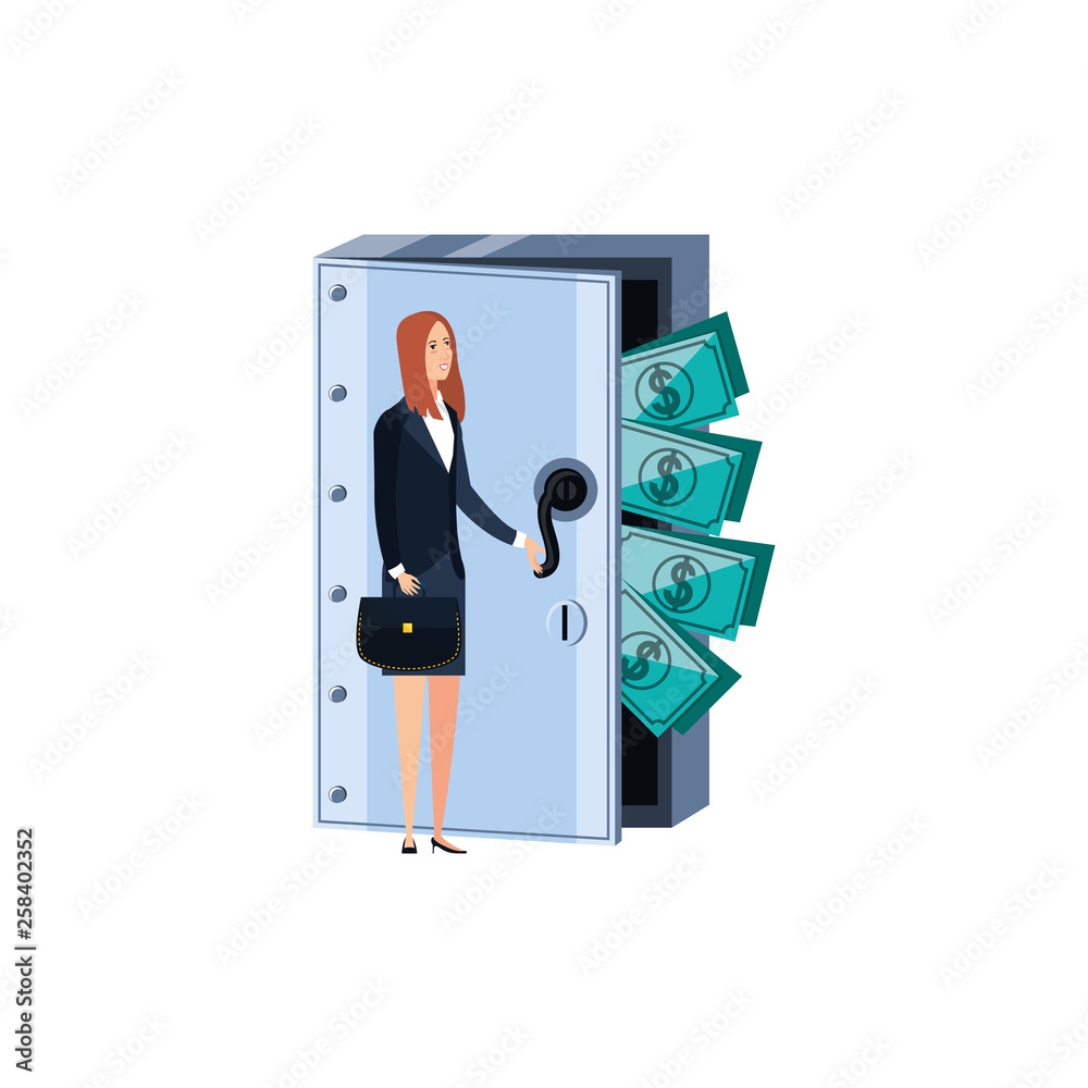 young businesswoman with safe box door and dollars young businesswoman with safe box door and dollars