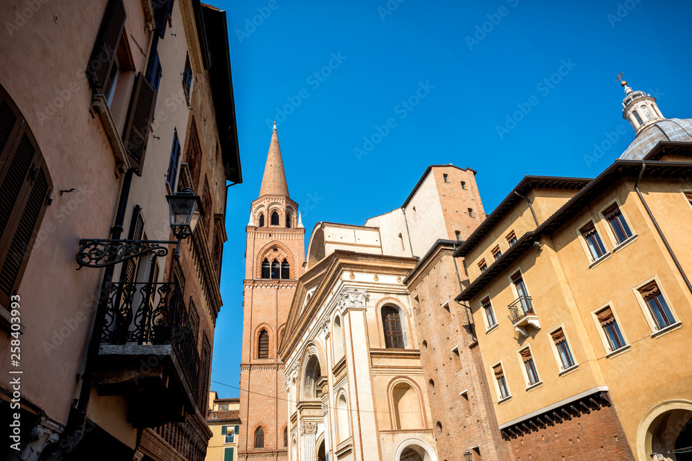 Mantua: View on Saint Andrea Basilica and Andrea Mantegna square, Italy.