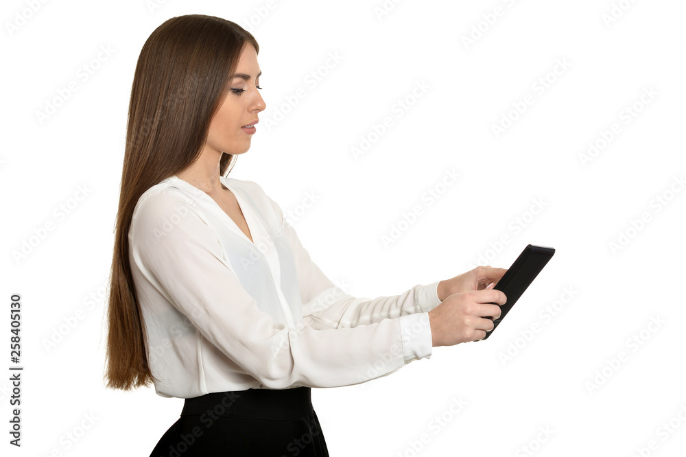 Portrait of cheerful young caucasian woman holding digital tablet isolated on white Portrait of cheerful young caucasian woman holding digital tablet isolated on white