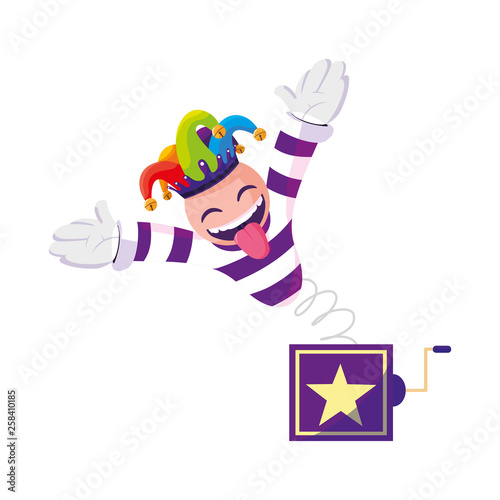 crazy emoticon with joker hat in surprise box
