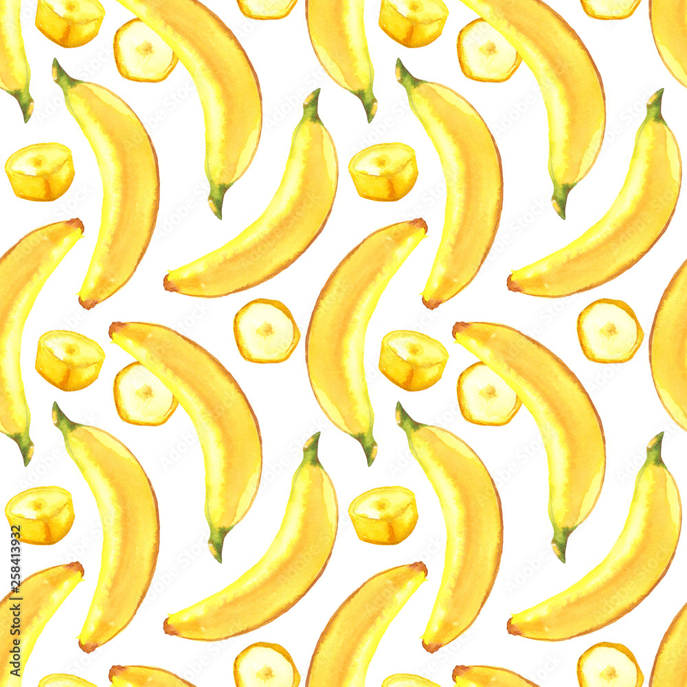 Watercolor hand-painted food fruit yellow banana seamless pattern on white background