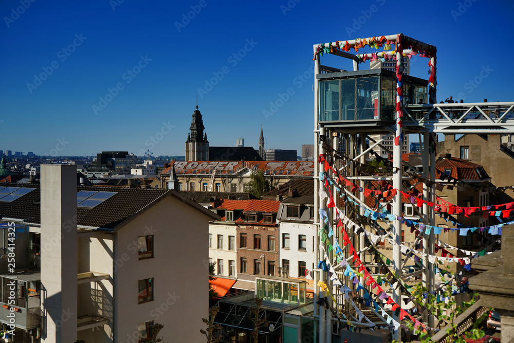 BRUSSELS, BELGIUM - MAY 6, 2018: View of the panoramic lift Ascenseur des Marolles. It connects the Poelaert square with