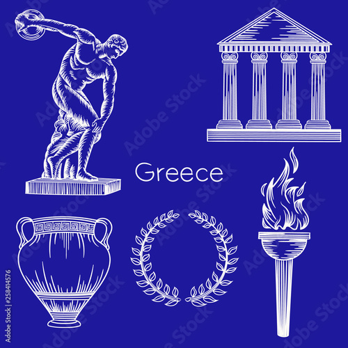 Illustration with greek symbols.Discus thrower,  columns, greek vase,  laurel wreath and torch.