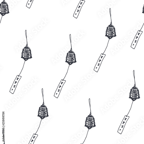 Vector seamless pattern with japanese wind bells isolated on white. Hand drawn texture with traditional native symbol of hot summer