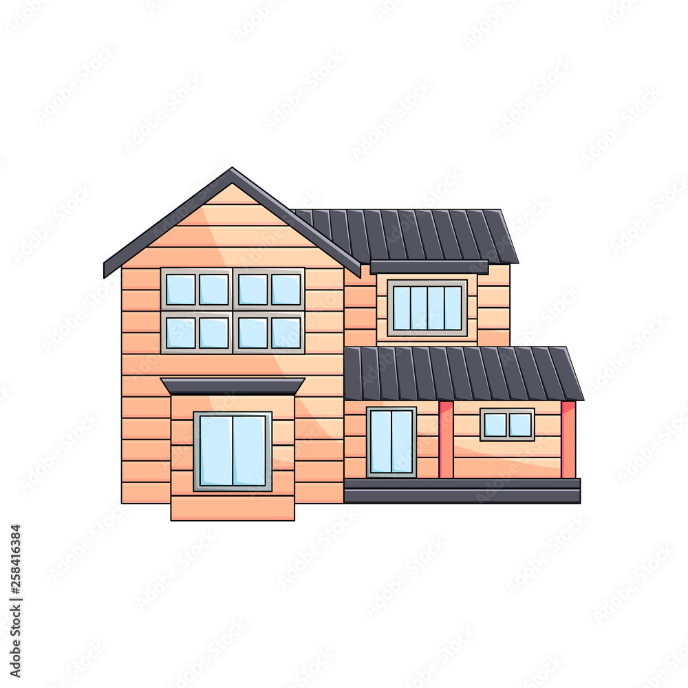 Wooden two-story eco house exterior with extension front view on empty background