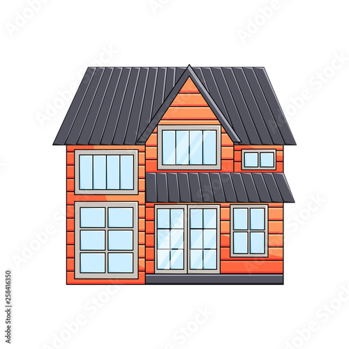 Wooden two-story eco house exterior front view with attic on empty background