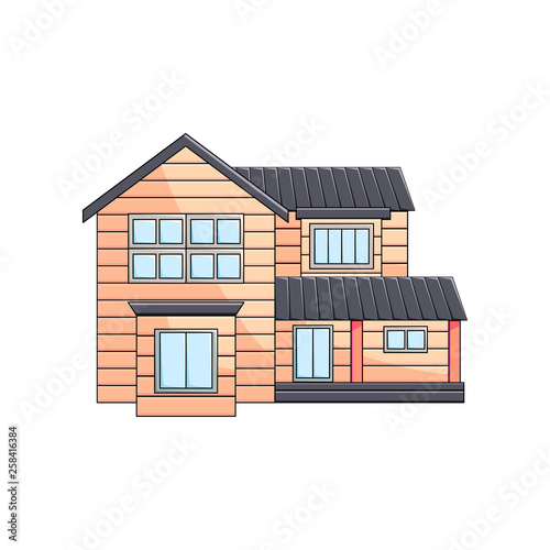 Wooden two-story eco house exterior with extension front view on empty background
