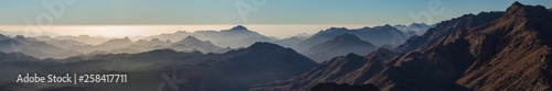 Egypt. Mount Sinai in the morning at sunrise. (Mount Horeb, Gabal Musa, Moses Mount). Pilgrimage place and famous touristic destination.