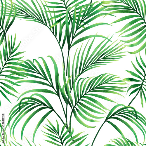 Watercolor painting coconut palm leaf green leaves seamless pattern background.Watercolor hand drawn illustration tropical exotic leaf prints for wallpaper textile Hawaii aloha jungle style pattern.