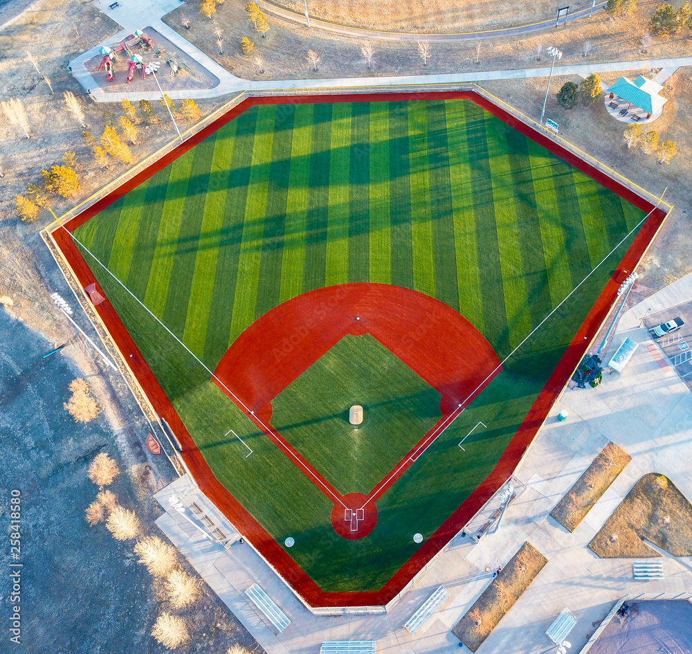 Aerial drone wide angle view of a green baseball field diamond in the  morning sunlight ready for play. Stock Photo | Adobe Stock