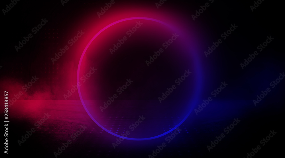 Empty Dark Futuristic Sci Fi Big Hall Room With Lights And Circle Shaped Neon Light. Dark neon background, empty stage, abstract dark background. Neon circle, reflection Empty Dark Futuristic Sci Fi Big Hall Room With Lights And Circle Shaped Neon Light. Dark neon background, empty stage, abstract dark background. Neon circle, reflection