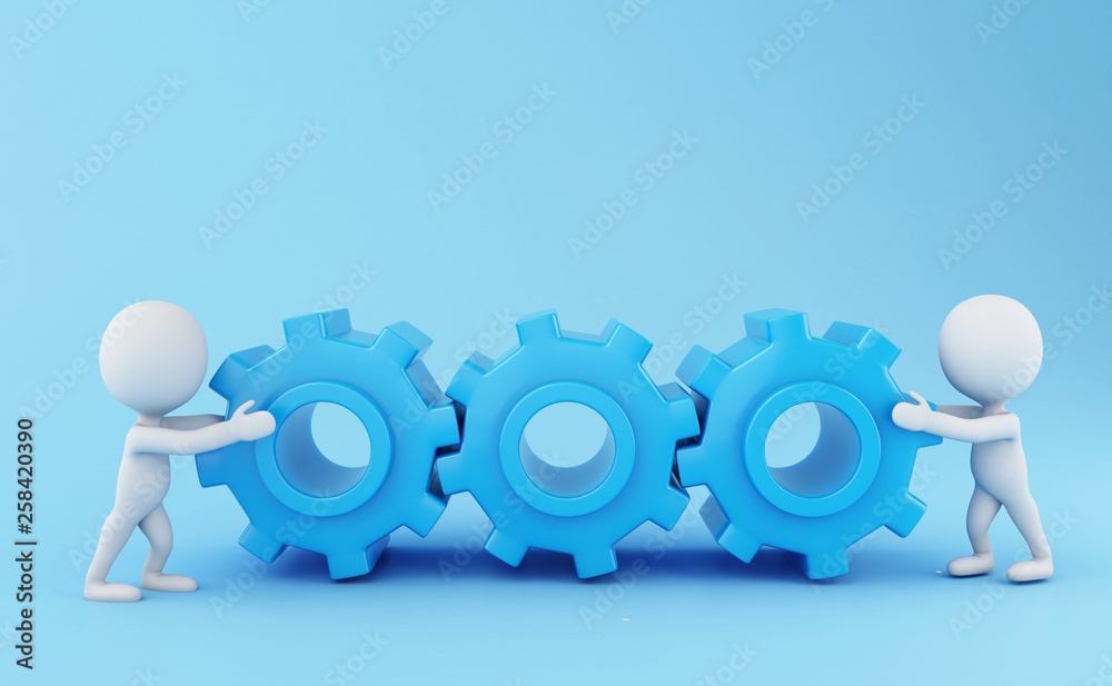 3d White business people with a gear mechanism 3d White business people with a gear mechanism