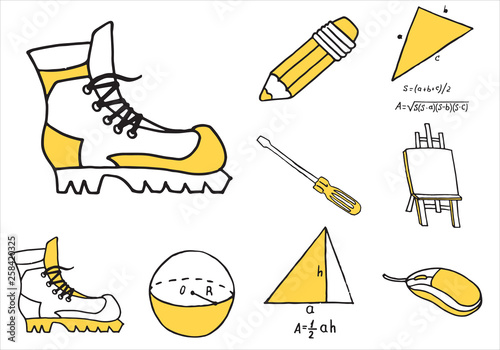 Set of school equipment doodle icons
