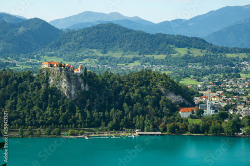 view of famous castle on a cliff above the Bled Lake in Julian alps, Slovenia