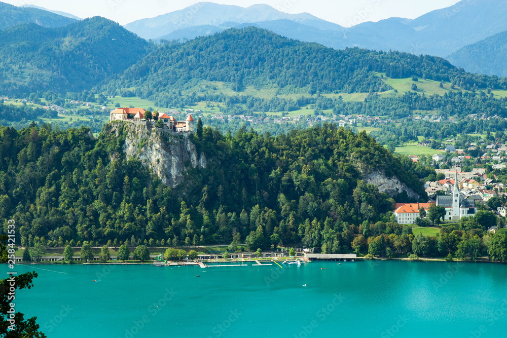 view of famous castle on a cliff above the Bled Lake in Julian alps, Slovenia