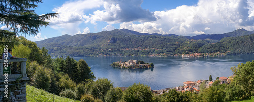 Panoramic view from the Sacro Monte of Lake Orta and the island of San Giulio. Historic Town of Piedmont whose origins date back to the 4th century d.c.