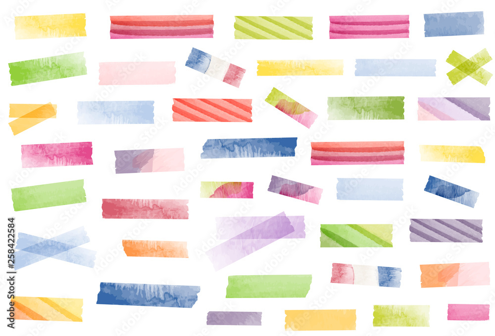 Watercolor tape strips. Semi-transparent masking tape or adhesive strips.  Tie-dye, psychedelic colors. 1960s, 1970s, retro. Stock Vector