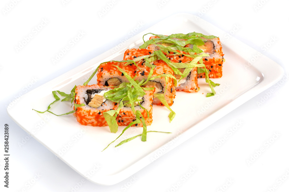 Set sushi rolls on a rectangular white plate on an isolated white background Set sushi rolls on a rectangular white plate on an isolated white background