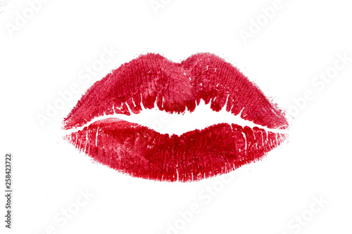 Red lipstick mark beautiful big lips kiss isolated on a white background